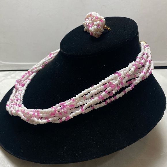 Vintage Pink and White Bohemian Glass MultiStrand Necklace Set NWT - Picture 7 of 15
